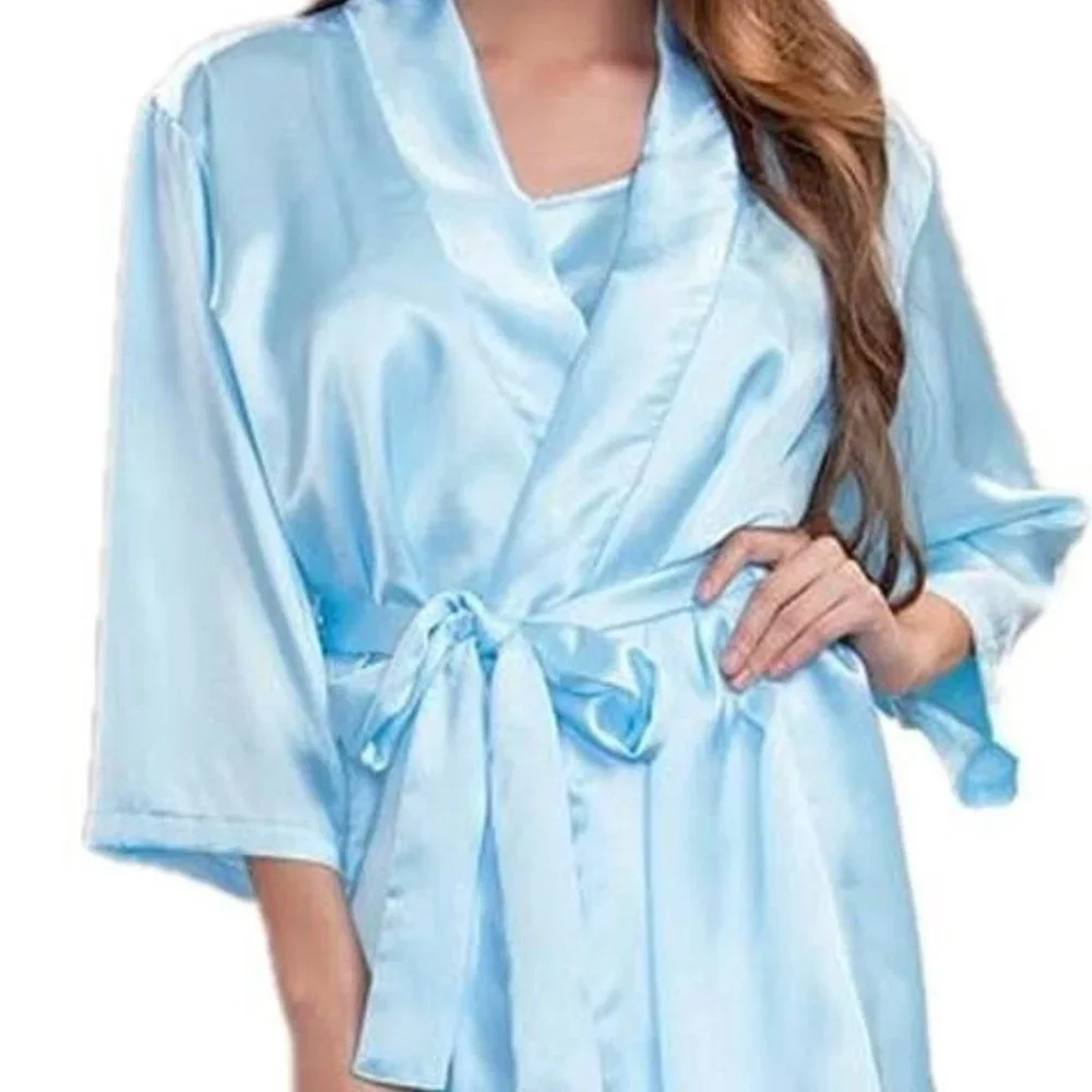 Satin Robe with Matching Sash Belt Womens L/XL Light Blue Sleepwear - Picture 7 of 7